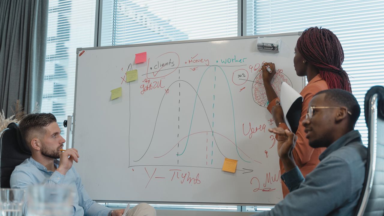Marketing team reviewing campaign charts together in a meeting